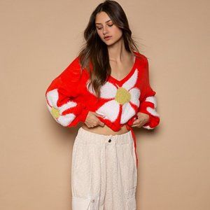POL Red V-Neck Sweater with Floral Design